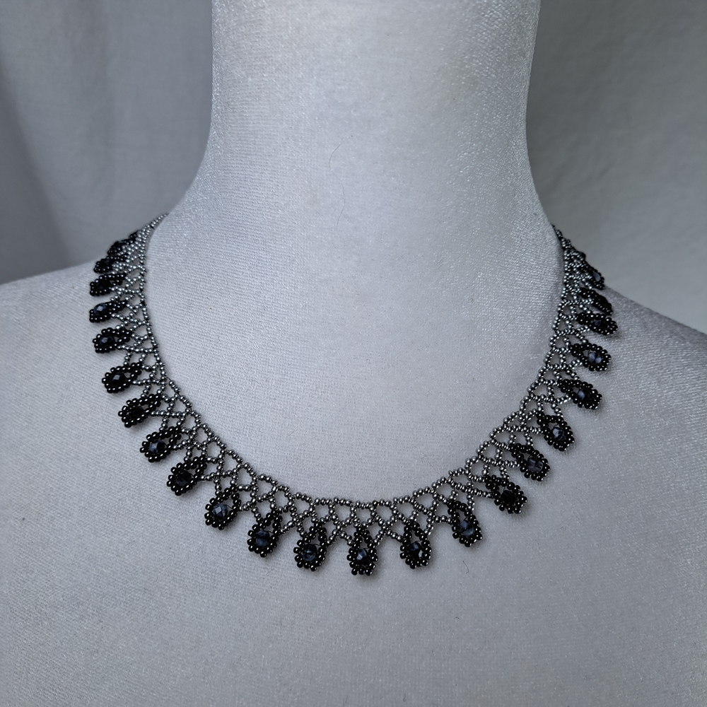 Elegant Smokey Black and Silver Beaded Necklace Netted Tear Drops